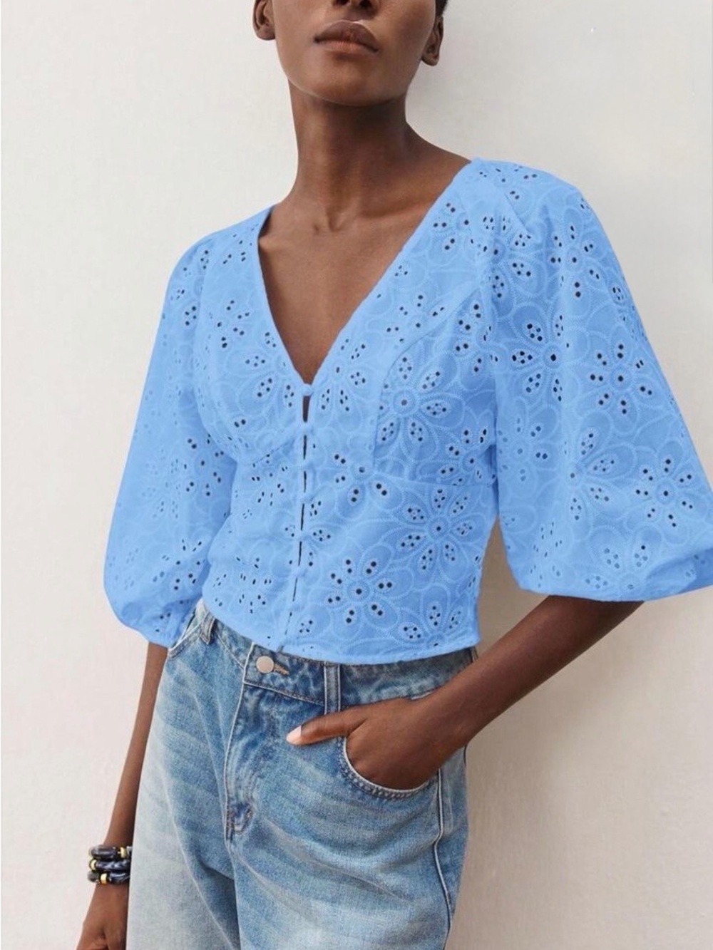 Sky Blue Eyelet V-Neck Puff Sleeve Blouse - Picture 4 of 6